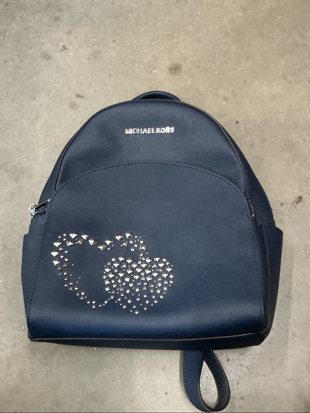 Michael Kors Navy Mini Backpack with Silver Stud Heart Accent